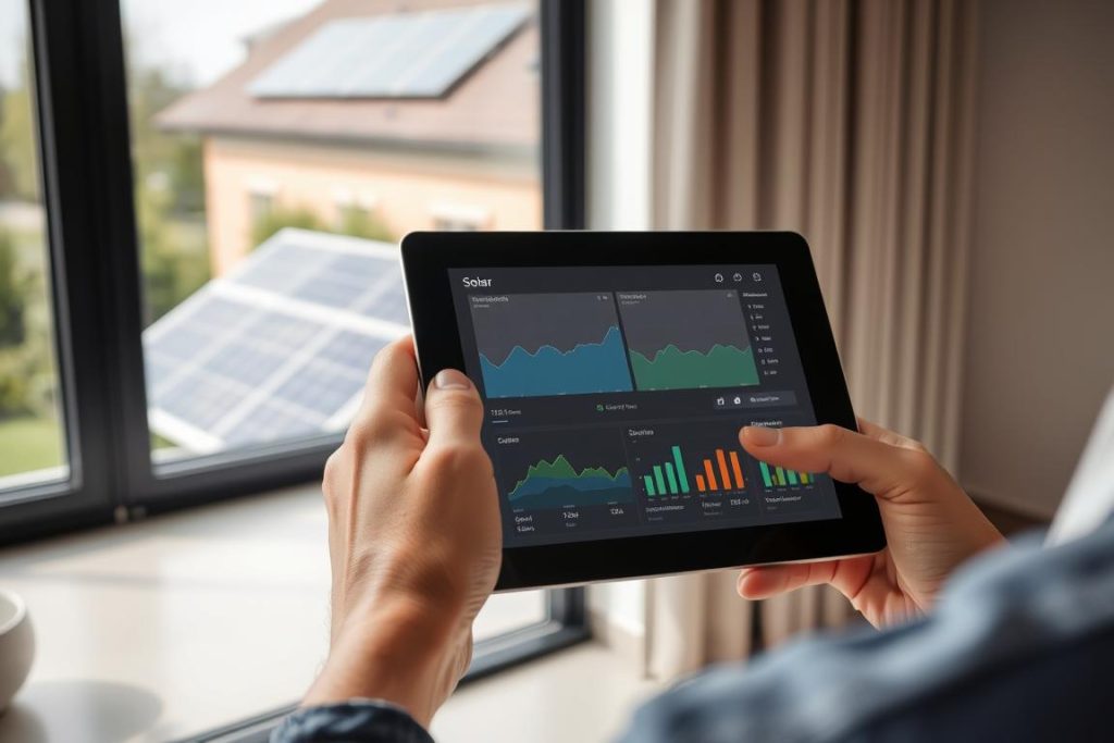 Person checking solar panel monitoring system showing energy production data
