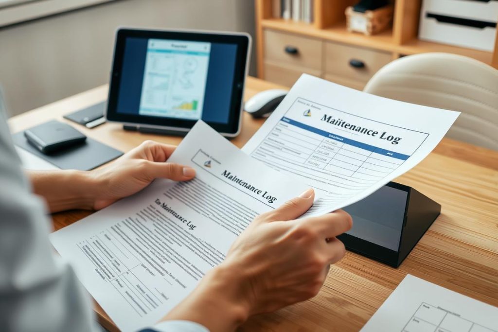 Person reviewing solar panel warranty documents and maintenance records