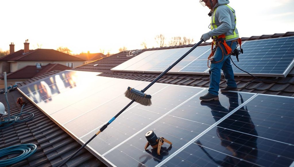 Person safely cleaning solar panels from the ground using an extension pole