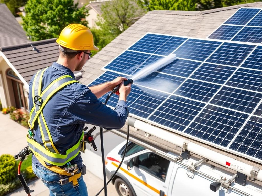Professional technician cleaning solar panels on a residential roof