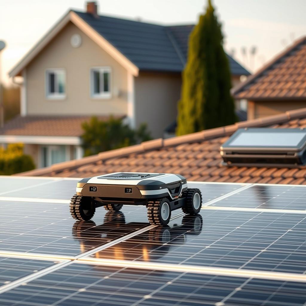 Robotic solar panel cleaner moving across panels