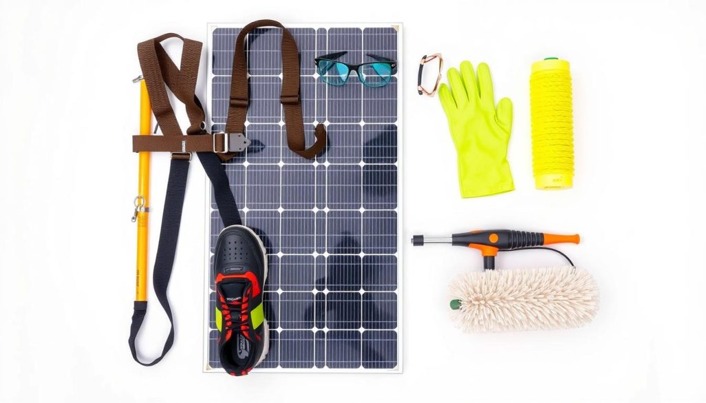 Safety equipment for solar panel cleaning including harness and non-slip shoes