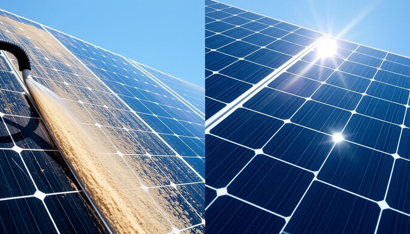 Solar panels being cleaned with water and soft brush showing before and after results of solar panel cleaning