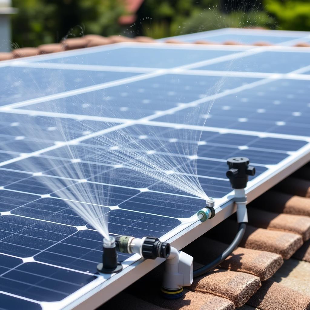 Sprinkler system installed on solar panel array