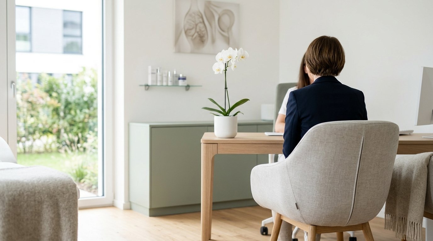 Calm Austin plastic surgeon consultation room with sage-green decor, an orchid, and a comfortable chair.