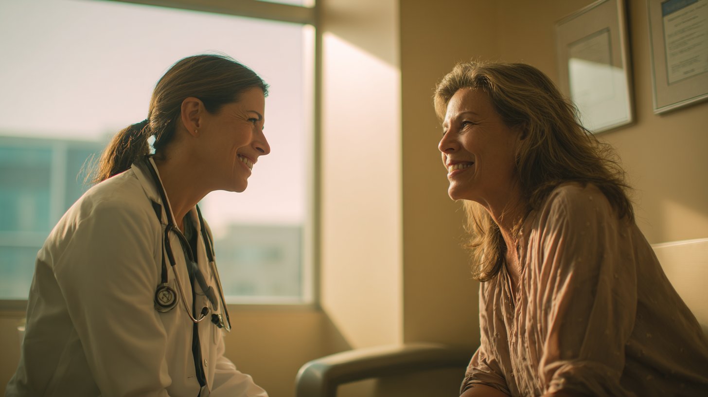 Dermatologist providing reassuring consultation to relieved patient in bright exam room