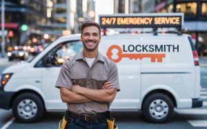 A professional marketing photograph showcases a friendly male locksmith confidently standing before a pristine white service van on a bustling city street. He is dressed in a clean, light brown work shirt with practical front pockets and well-worn dark blue jeans, sporting a bright, enthusiastic smile that conveys trustworthiness. The van prominently displays "Locksmith" and a stylized key logo in orange and black graphics, with a digital display sign on top showcasing "24/7 Emergency Service" in clear orange text. Behind him, blurred city buildings and the soft glow of traffic lights create a dynamic urban backdrop, illuminated by warm natural light to reinforce a sense of reliability and professionalism.