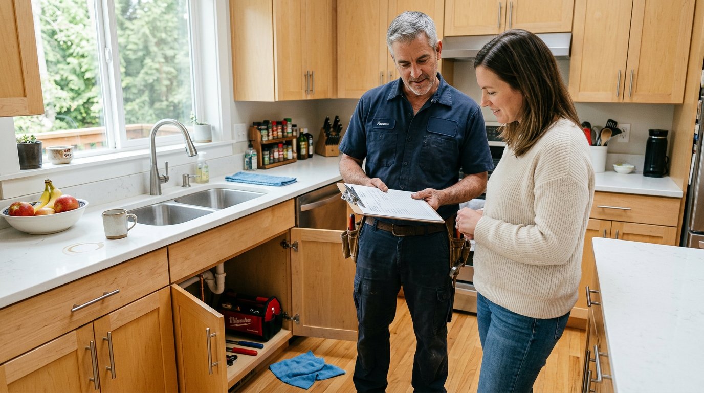 Seattle plumber reviewing a written same-day service estimate with a homeowner in a bright daylit kitchen