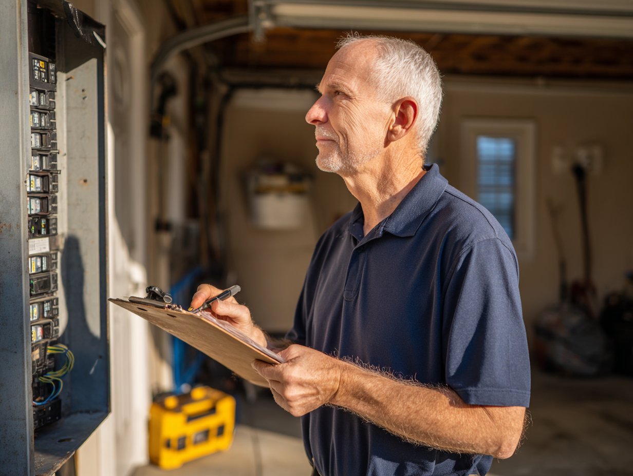 Home inspector in Sarasota examines electrical panel during 4-point inspection for Florida insurance requirements