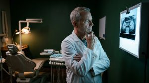 Older dentist in a dim operatory studying a panoramic dental X-ray on a backlit viewbox, hand at his chin in deliberation