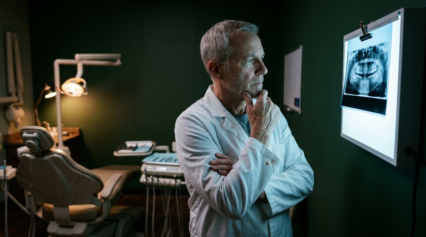 Older dentist in a dim operatory studying a panoramic dental X-ray on a backlit viewbox, hand at his chin in deliberation